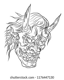 hand drawn Japanese Hanya mask isolate vector.Line art Japanese demon mask design for tattoo.