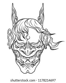 hand drawn Japanese Hanya mask isolate vector.Line art Japanese demon mask design for tattoo.