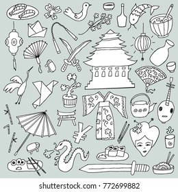 Hand drawn Japanese isolated objects set.