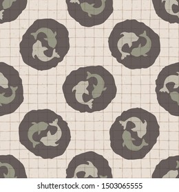Hand drawn japanese koi carp symbol seamless pattern. Soft ecru beige neutral tone on grid background. Asian animal yin yang icon zakka backdrop, Japan allover kawaii stationery. Vector swatch repeat