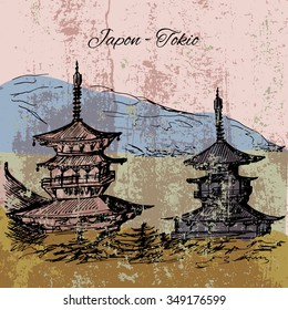 Hand drawn japanese multi-store pagoda grunge scene