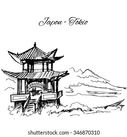 Hand drawn japanese multi-storey pagoda scene