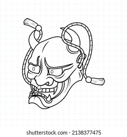 Hand drawn Japanese Oni demon mask coloring page, Vector illustration eps.10