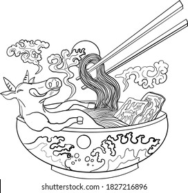 Hand drawn Japanese ramen with sunrise and beaf.Asian food for restuaraunt.Cow on noodle soup for doodle art.Cartoon style.Japanese culture.Chinese clouds and wave vector.