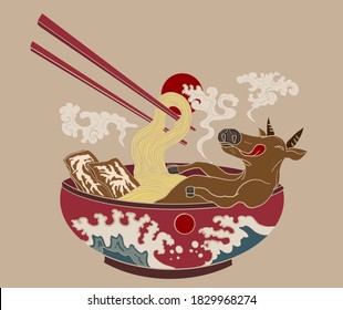 Hand drawn Japanese ramen with sunrise and beaf.Asian food for restuaraunt.Cow on noodle soup for doodle art.Cartoon style.Japanese culture.Chinese clouds and wave vector.