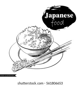 Hand drawn Japanese rice with chopsticks isolated on white background. Japanese food elements sketch vector illustration. Retro style