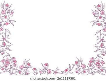 Hand drawn Japanese Sakura frame. Beautiful Cherry blossom in doodle style. Spring flower background. Vector outline illustration.