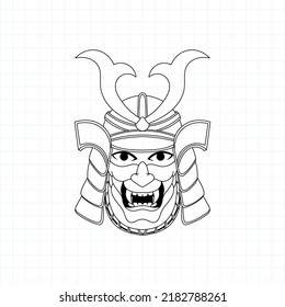 Hand drawn Japanese samurai with hannya mask and katana sword coloring page, Vector illustration eps.10