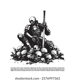 Hand drawn Japanese Samurai skeleton sitting on a piece of human skull with his sword vector