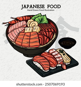 Hand Drawn Japanese Seafood Rice Bowl Kaisen Don and Sushi Food Illustration