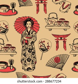 Hand drawn Japanese seamless pattern with geisha, paper fan, Japanese gates, traditional wooden sandals, traditional teapot with cups