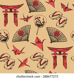 Hand drawn Japanese seamless pattern with paper fan, Japanese gates, wooden sandals, paper cranes, paper cranes