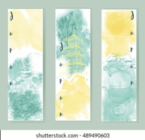 Hand drawn Japanese set of banner.Vector Sketch background