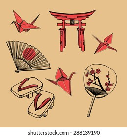 Hand drawn Japanese set. Japanese gates, paper fan, traditional wooden sandals, paper cranes