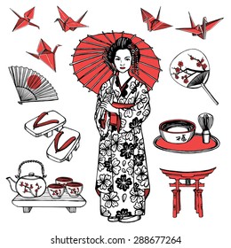 Hand drawn Japanese set with geisha, paper fan, Japanese gates, paper cranes, traditional wooden sandals, traditional teapot with cups. White background