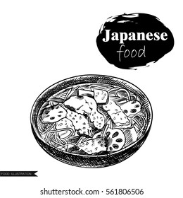 Hand drawn japanese soup isolated on white background. Japanese food elements sketch vector illustration. Retro style