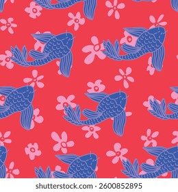 Hand drawn, japanese stiled koi seamless repeat pattern. Vector fishes on florals aop, all over surface print on pink background.