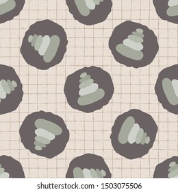 Hand drawn japanese stone stack symbol seamless pattern. Soft ecru beige neutral tone grid background. Asian meditation icon zakka backdrop. Japan allover kawaii stationery. Vector swatch repeat