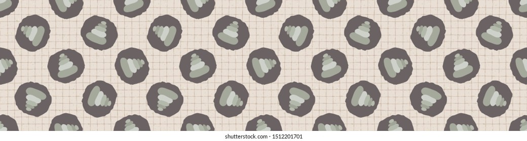 Hand drawn japanese stone stack symbol seamless border pattern. Soft ecru beige neutral tone grid background. Asian meditation icon zakka ribbon trim. Japan kawaii washi tape edging stationery. 