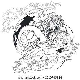 Hand drawn and Japanese style dragon roaring among two koi carp fish.Dragon and koi fish fighting and water splash tattoo.Silhouette and zentangle style.koi carp swiming in circle look like Yin-Yang.