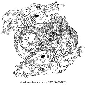 Hand drawn and Japanese style dragon roaring among two koi carp fish.Dragon and koi fish fighting and water splash tattoo.Silhouette and zentangle style.koi carp swiming in circle look like Yin-Yang.