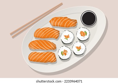 Ilustración del vector alimentario de sushi japonés dibujado a mano