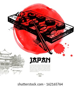 Hand drawn Japanese sushi illustration. Sketch and watercolor menu background