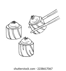 Hand drawn Japanese sushi rolls set with chopsticks. Asian food doodle Illustration