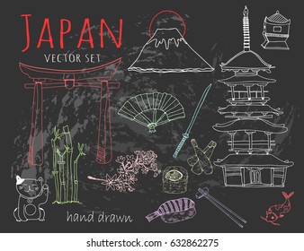 Hand drawn japanese symbols. Graphic vector set. Chalk style