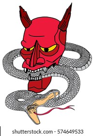 Hand drawn Japanese Tattoo; Oni mask and snake tattoo