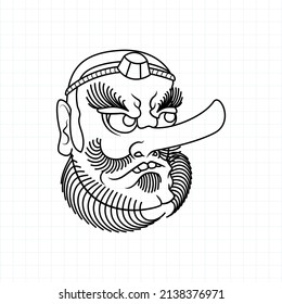 Hand drawn Japanese Tengu mask coloring page, Vector illustration eps.10