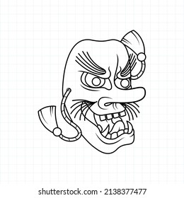 Hand drawn Japanese Tengu mask coloring page, Vector illustration eps.10