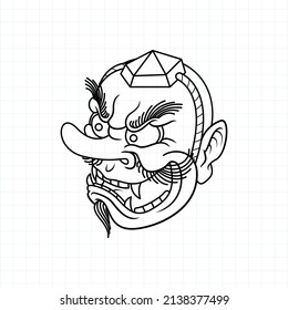 Hand drawn Japanese Tengu mask coloring page, Vector illustration eps.10