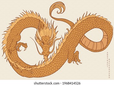 hand drawn japanese vector dragon in bright yellow colours