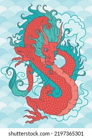 hand drawn japanese vector dragon in blue and orange colours	