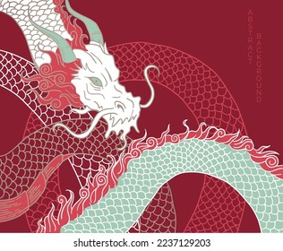 hand drawn japanese vector dragon in red, white and blue colours