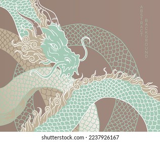 hand drawn japanese vector dragon in brown and green colours