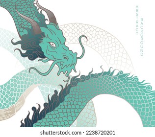 hand drawn japanese vector dragon in brown, white and green 