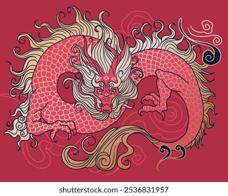 hand drawn japanese vector dragon in black and gold colours	
