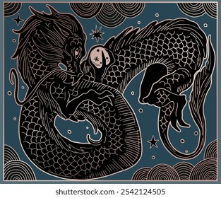 dragão vetor japonês desenhado à mão em ondas abstratas em cores pretas e douradas	