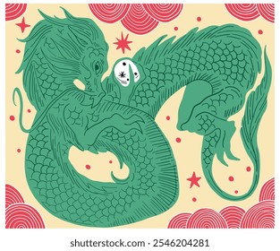 hand drawn japanese vector dragon, green, fantasy, mythology