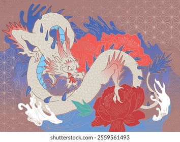 hand drawn japanese vector dragon on abstract waves, with asian style pattern and flowers	