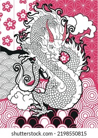 hand drawn japanese vector dragonon bright patterns	