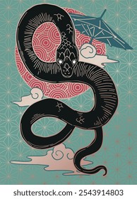 hand drawn japanese vector snake in black, red and gold colours	