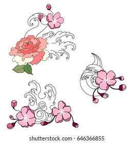 Hand Drawn Japanese Wave Tattoo Rose Stock Vector (Royalty Free ...