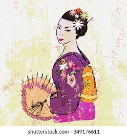 Hand drawn japanese woman with umbrella on grunge background