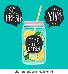 Hand drawn  jar with detox water lemon slices, cucumber, speech bubbles with handwritten lettering