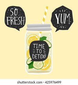 Hand drawn  jar with detox water lemon slices, cucumber, speech bubbles with handwritten lettering