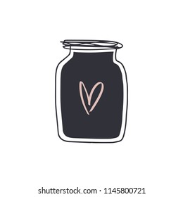 Hand drawn jar, glass, bottle. Love concept, brush heart symbol. Unique stylish, print for posters, gift cards, mugs, clothes and other. Vector Illustration, clipart. Isolated on white background.