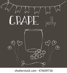 Hand drawn jar with grape jelly, on chalkboard. Illustration and lettering. Unique vector sketch, design elements. Naive cartoon style hipster set of grape, hearts, swirl for kitchen decor or cards.  